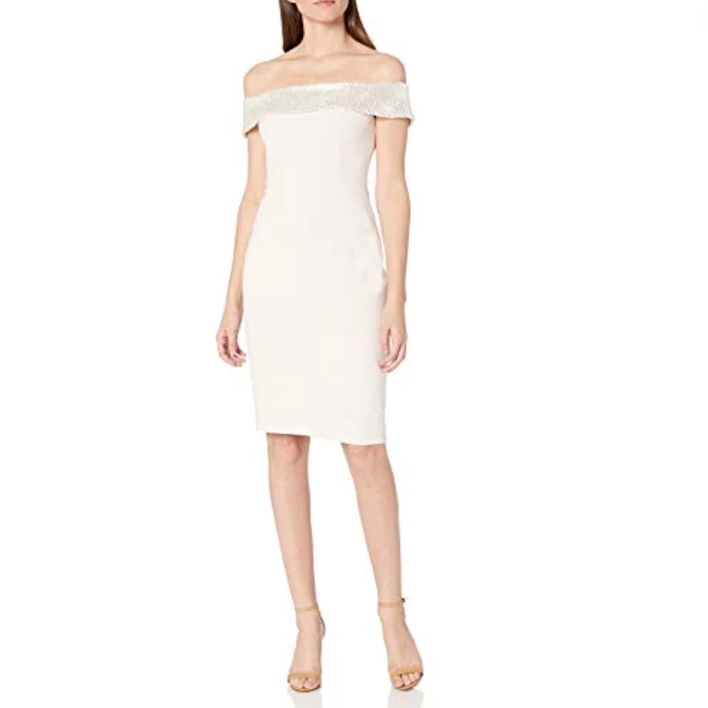Aidan Mattox Off The Shoulder Crepe and Sequin Cocktail Dress